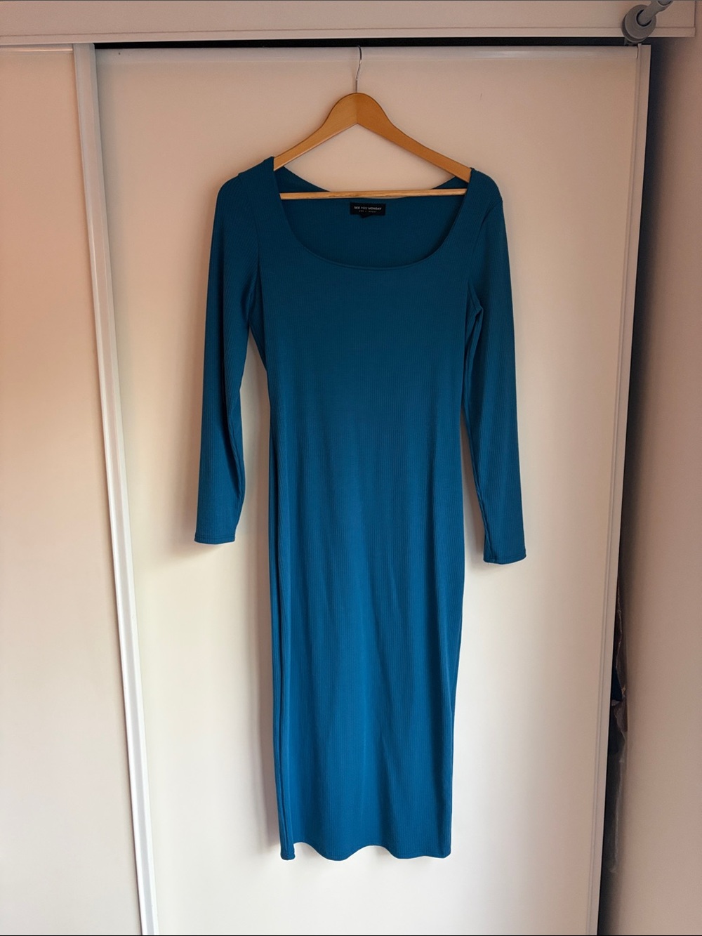 Long Sleeve Scoop Neck Teal Bodycon Dress